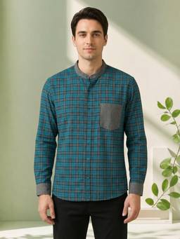 Oxolloxo - Men Teal Check Print Mandarin Collar Long Sleeve Cotton Shirt
