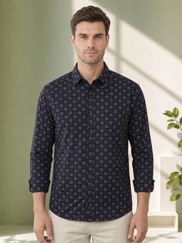 Oxolloxo - Men Navy Blue Printed Collared Long Sleeve Shirt