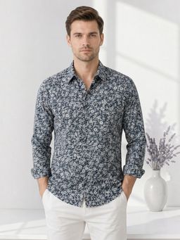 Oxolloxo - Men Blue Floral Print Collared Long Sleeve Shirt
