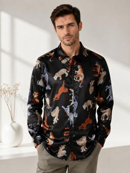 Oxolloxo - Men Black Print Collared Long Sleeve Satin Shirt