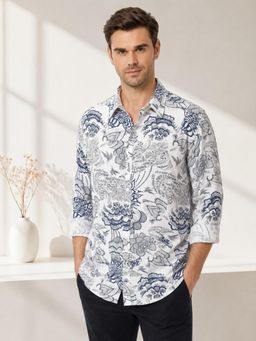 Oxolloxo - Men White Floral Print Collared Long Sleeve Cotton Dobby Shirt