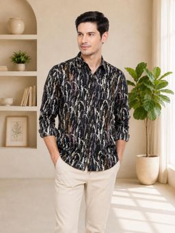 Oxolloxo - Men Black Abstract Print Collared Long Sleeve Shirt