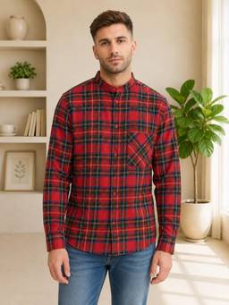 Oxolloxo - Men Red Check Print Mandarin Collar Long Sleeve Cotton Shirt