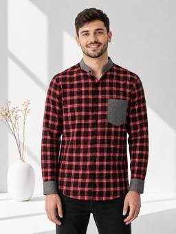 Oxolloxo - Men Red Check Print Mandarin Collar Long Sleeve Cotton Shirt