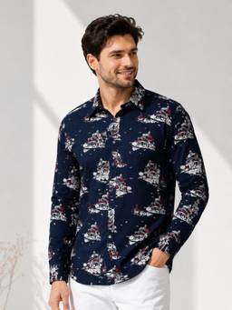 Oxolloxo - Men Navy Blue Scenic Print Collared Long Sleeve Rayon Crepe Shirt