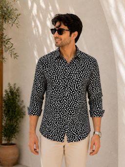 Oxolloxo - Men Black Collared Long Sleeve Polka Dot Print Cotton Poplin Shirt