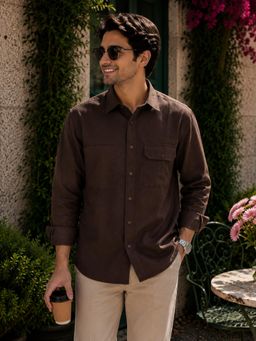 Oxolloxo - Men Solid Brown Collared Long Sleeve Cotton Linen Shirt