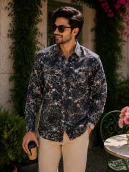Oxolloxo - Men Multicolor Collared Long Sleeve Print Cotton Linen Shirt