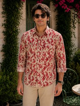 Oxolloxo - Men Multicolor Collared Long Sleeve Abstract Print Cotton Linen Shirt
