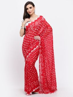 KISHORI - Women Bandhani Print Silk Saree & Blouse Red with Unstitched