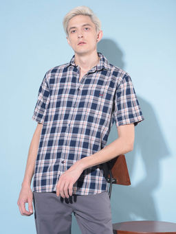 CRIMSOUNE CLUB - Mens Navy Blue Tartan Checks Cotton Shirt