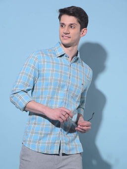 CRIMSOUNE CLUB - Mens Blue Tartan Checks Cotton Shirt