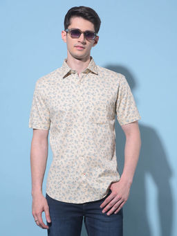 CRIMSOUNE CLUB - Mens Beige Floral Printed Cotton Shirt