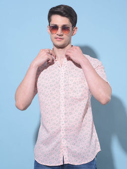 CRIMSOUNE CLUB - Mens Peach Floral Printed Cotton Shirt