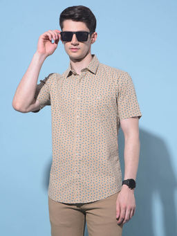 CRIMSOUNE CLUB - Mens Beige Printed Cotton Shirt