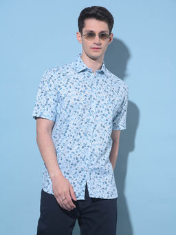 CRIMSOUNE CLUB - Mens Blue Floral Printed Cotton Shirt