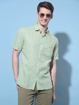 CRIMSOUNE CLUB - Mens Green Floral Printed Linen Shirt