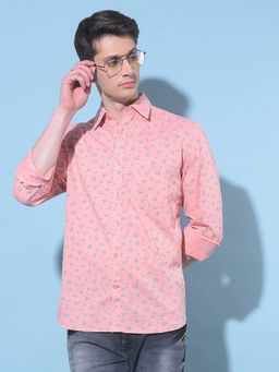 CRIMSOUNE CLUB - Mens Peach Floral Printed Cotton Shirt