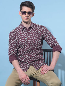 CRIMSOUNE CLUB - Mens Wine Floral Printed Cotton Shirt