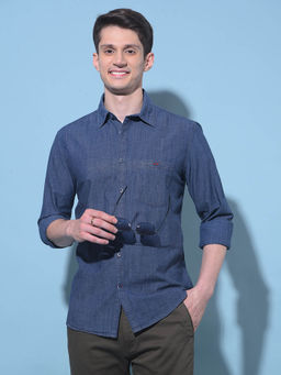 CRIMSOUNE CLUB - Mens Navy Blue Textured Printed Cotton Shirt