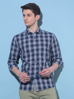CRIMSOUNE CLUB - Mens Navy Blue Tartan Checks Cotton Shirt