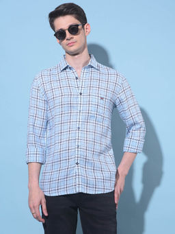 CRIMSOUNE CLUB - Mens Blue Tartan Checks Linen Shirt