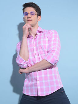 CRIMSOUNE CLUB - Mens Pink Tartan Checks Cotton Shirt