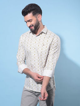 CRIMSOUNE CLUB - Mens Olive Floral Printed Cotton Shirt