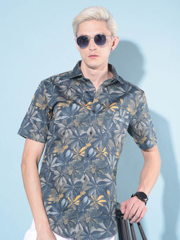 CRIMSOUNE CLUB - Mens Navy Blue Floral Print Cotton Shirt