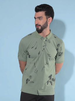 CRIMSOUNE CLUB - Mens Green Floral Print Polo T-Shirt