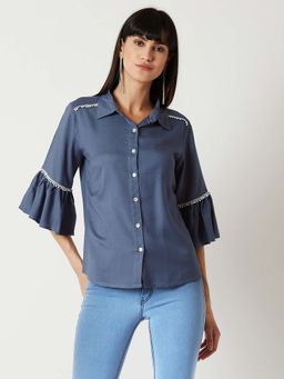 Miss Chase - Women's Steel Grey Collared Neck Ruffled Solid Lace Embellished Shirt