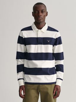 GANT - Men White & Navy Blue Bar Stripes Heavy Polo T-Shirt