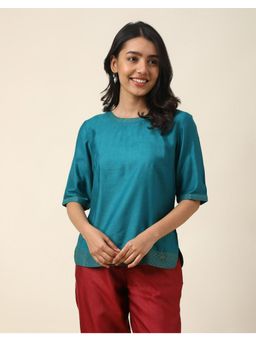 Fabindia - Teal Viscose Silk Hand Block Printed Top