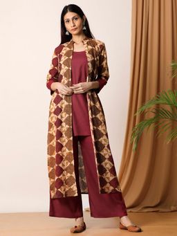 Empress Pitara - Maroon Kantha Cotton Jacket With Kurta And Palazzo (Set of 3)