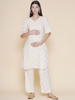 Mine4Nine - Cream Floral Printed Rayon Maternity Kurta with Pant (Set of 2)