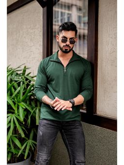 GRITSTONES - Men Dark Green Waffle Zipper Polo T-shirt