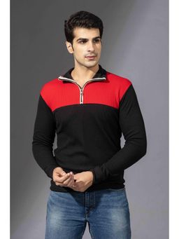 GRITSTONES - Men Red Black Colorblock Zipper T-shirt