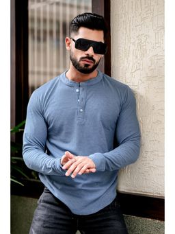 GRITSTONES - Men Teal Blue Waffle Knit Henley T-shirt