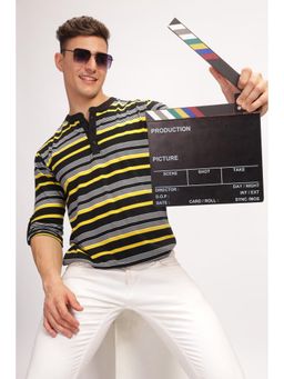 GRITSTONES - Men Black Striped Henley Neck T-shirt