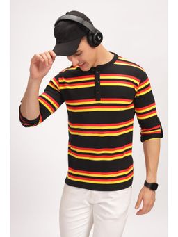 GRITSTONES - Men Red Black Colour Blocked Henley Neck T-shirt