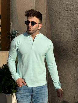 GRITSTONES - Men Light Blue Self Waffle Knit Henley T-shirt