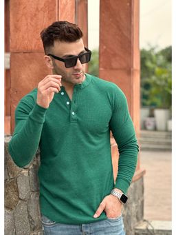 GRITSTONES - Men Green Waffle Knit Henley Neck T-shirt