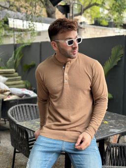 GRITSTONES - Men Brown Waffle Knit Henley T-shirt