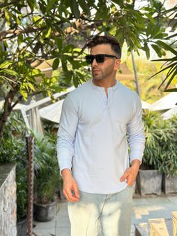 GRITSTONES - Men Sky Blue Self Design Henley T-shirt