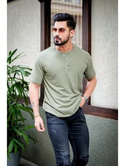 GRITSTONES - Men Moss Green Self Design Slub Henley T-shirt