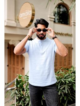 GRITSTONES - Men Sky Blue Self Design Henley T-shirt