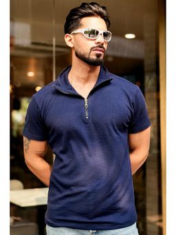 GRITSTONES - Men Navy Waffle Zipper Polo T-shirt