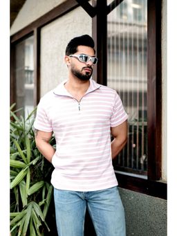 GRITSTONES - Men Pink Striper Ribbed Zipper Polo T-shirt