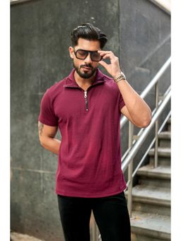 GRITSTONES - Men Wine Waffle Zipper Polo T-shirt