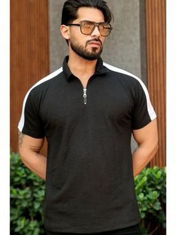 GRITSTONES - Men Black Waffle Knit Zipper Polo Collar T-shirt